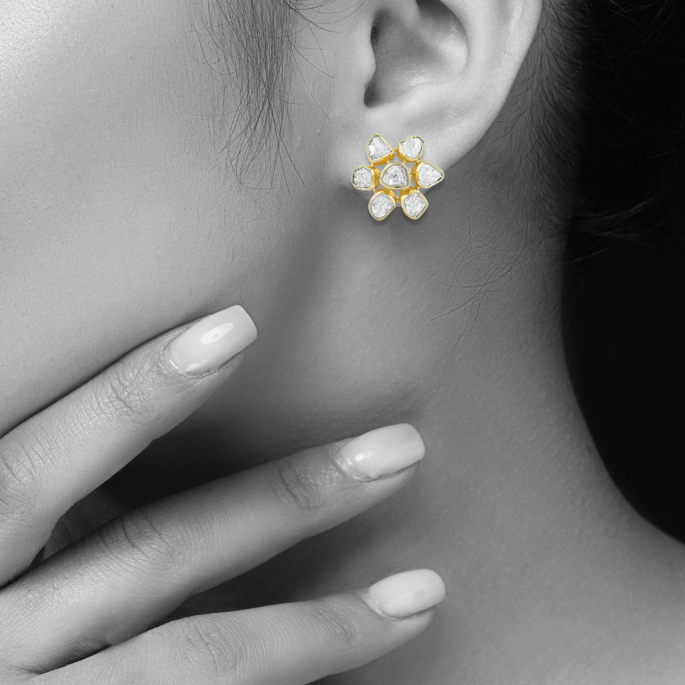 Six-Petal Polki Floral Studs in Open Setting